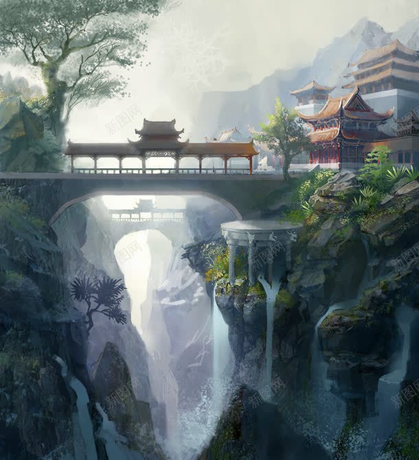 彩绘瀑布阁楼松树jpg设计背景_新图网 https://ixintu.com 彩绘 松树 瀑布 阁楼