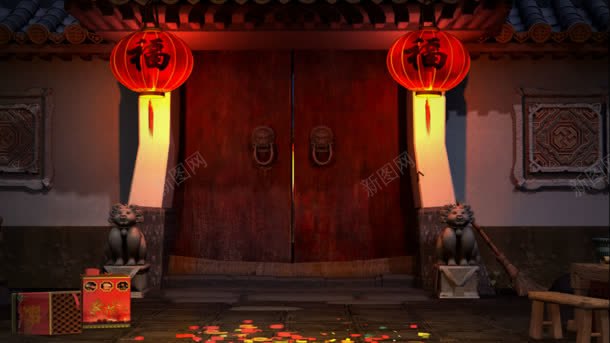 中国风古典过年海报jpg设计背景_新图网 https://ixintu.com 古典 国风 宏福临门 狮子门墩 海报 过年