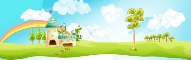卡通背景jpg设计背景_新图网 https://ixintu.com 儿童玩具 卡通 婴儿用品 婴儿用品促销 小树 彩虹 白云 草坪 蓝天