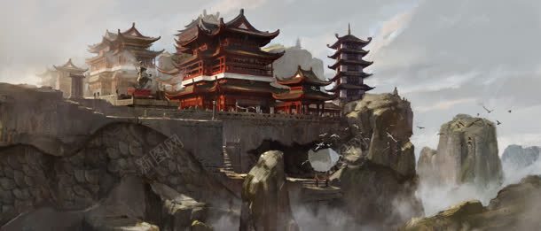 动漫仙侠悬崖房屋jpg设计背景_新图网 https://ixintu.com 悬崖 房屋