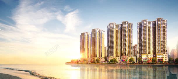 房地产海报背景jpg设计背景_新图网 https://ixintu.com 商业楼书 天空 开盘报广 房地产 房地产宣传 房地产海报 日出 楼房 海边 美景