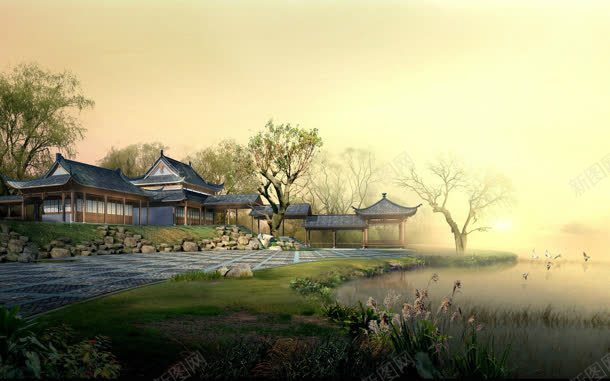 黄昏湖边小村绝美风景jpg设计背景_新图网 https://ixintu.com 夕阳 黄昏 水湖 小村 绝美 风景图片 素材 风景