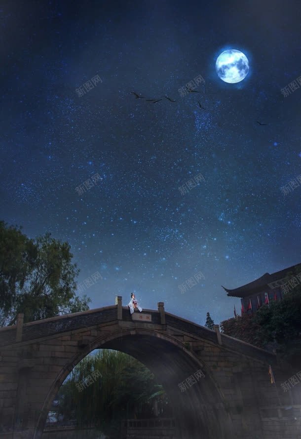 夜晚风景星空乌鸦jpg设计背景_新图网 https://ixintu.com 桥头 人物 古风女子 乌鸦 夜晚 星空 风景
