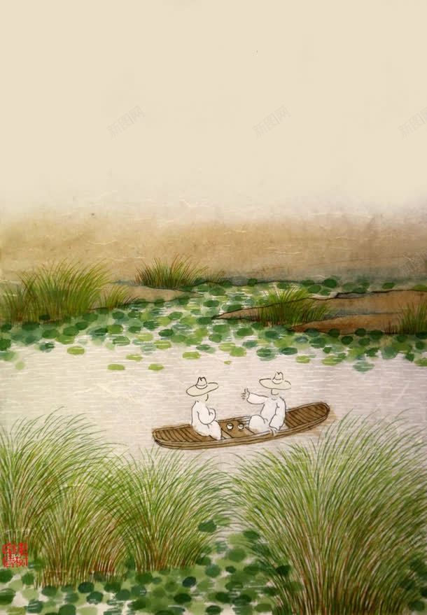 水墨画荷塘上划船的人海报背景jpg设计背景_新图网 https://ixintu.com 划船 水墨画 海报 背景 荷塘