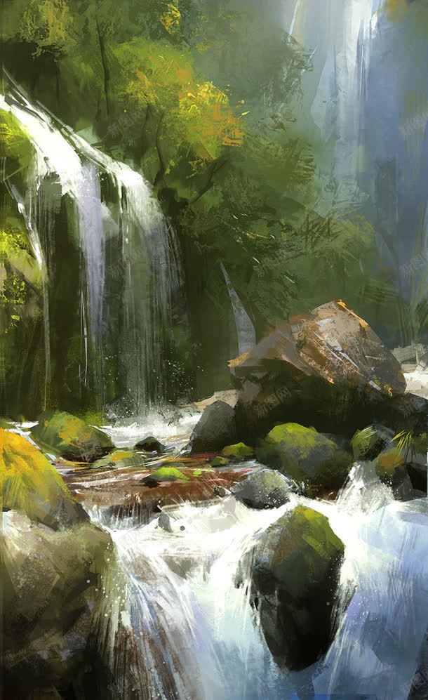 手绘瀑布流水森林jpg设计背景_新图网 https://ixintu.com 森林 流水 瀑布