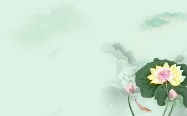 绿色背景中国风黄色荷花jpg设计背景_新图网 https://ixintu.com 国风 绿色 背景 荷花 黄色