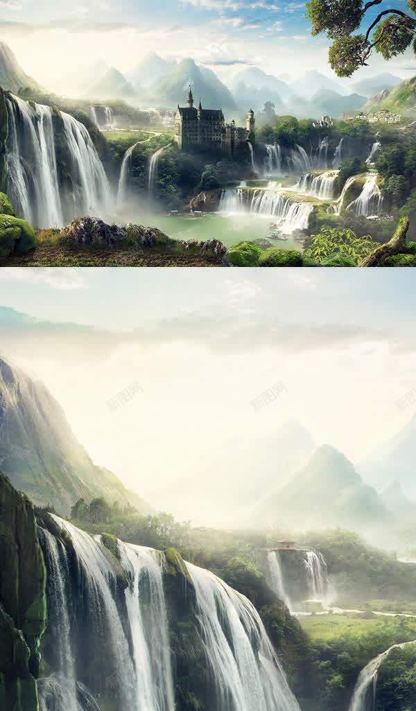 流水世外桃源城堡jpg设计背景_新图网 https://ixintu.com 世外桃源 城堡 绿山 清水 流水 背景