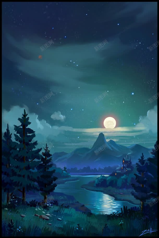 手绘卡通游戏夜景场景jpg设计背景_新图网 https://ixintu.com 卡通 场景 夜景 游戏