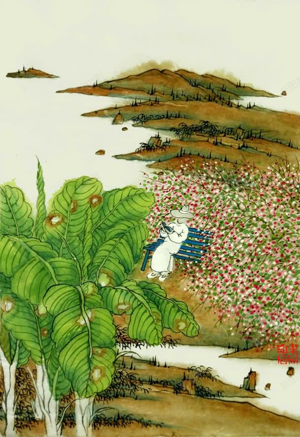 中国风手绘湖边风景jpg高清背景_新图网 https://ixintu.com 国风 湖边 风景