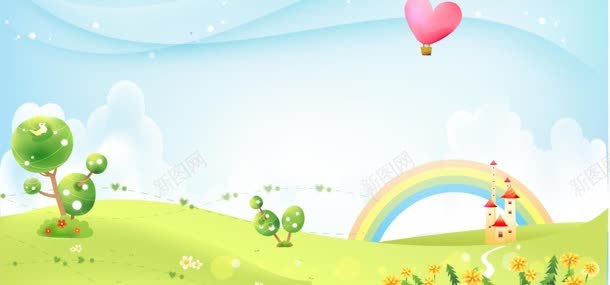 清爽蓝天彩虹背景jpg设计背景_新图网 https://ixintu.com 可爱插画风景 彩虹 树木 清爽蓝天彩虹psd下载 爱心 蓝天