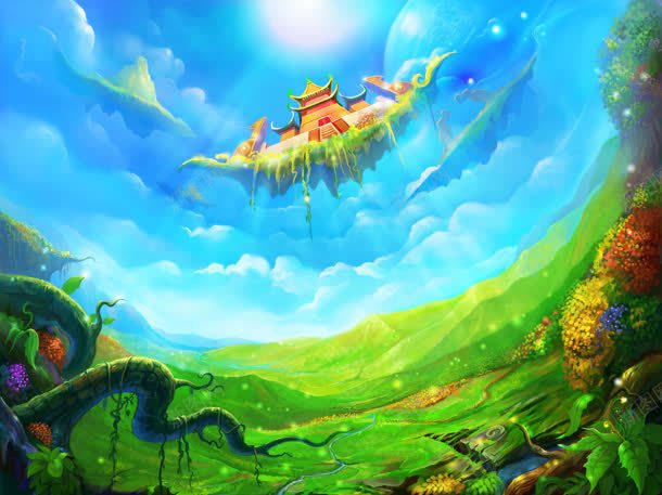 手绘蓝天白云绿草地jpg设计背景_新图网 https://ixintu.com 白云 草地 蓝天