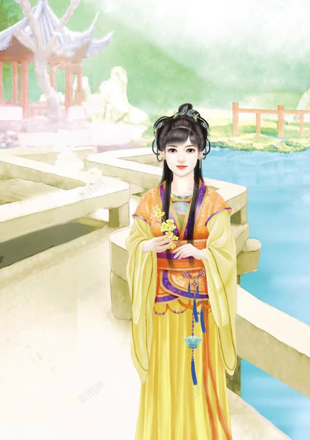 手绘黄衣湖边少女jpg设计背景_新图网 https://ixintu.com 少女 湖边