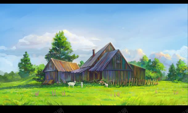 手绘小山村房屋美景jpg设计背景_新图网 https://ixintu.com 山村 房屋 美景