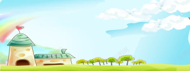 卡通海报背景jpg设计背景_新图网 https://ixintu.com 云 卡通 天空 屋 彩虹 房子 树 树木 海报 淘宝banner 淘宝海报 白云 艺术字 草地 蓝天