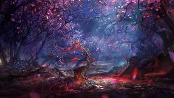 红色花树梦幻树林海报背景jpg设计背景_新图网 https://ixintu.com 树林 梦幻 海报 红色 背景 花树