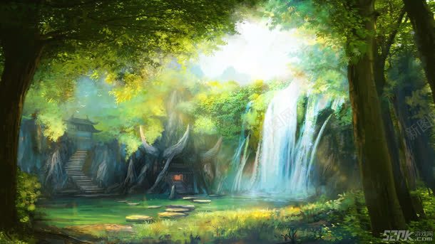 绿色森林下的瀑布jpg设计背景_新图网 https://ixintu.com 森林 瀑布 绿色