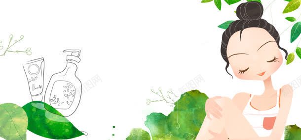 插画背景jpg设计背景_新图网 https://ixintu.com 化妆品海报 淘宝天猫护肤品海报 清新 绿叶 美女 美妆 美白 面膜