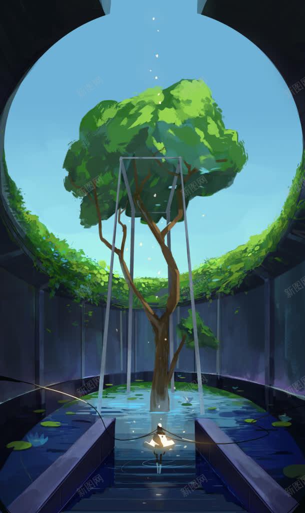 手绘绿色大树现代风景jpg设计背景_新图网 https://ixintu.com 大树 现代 绿色 风景