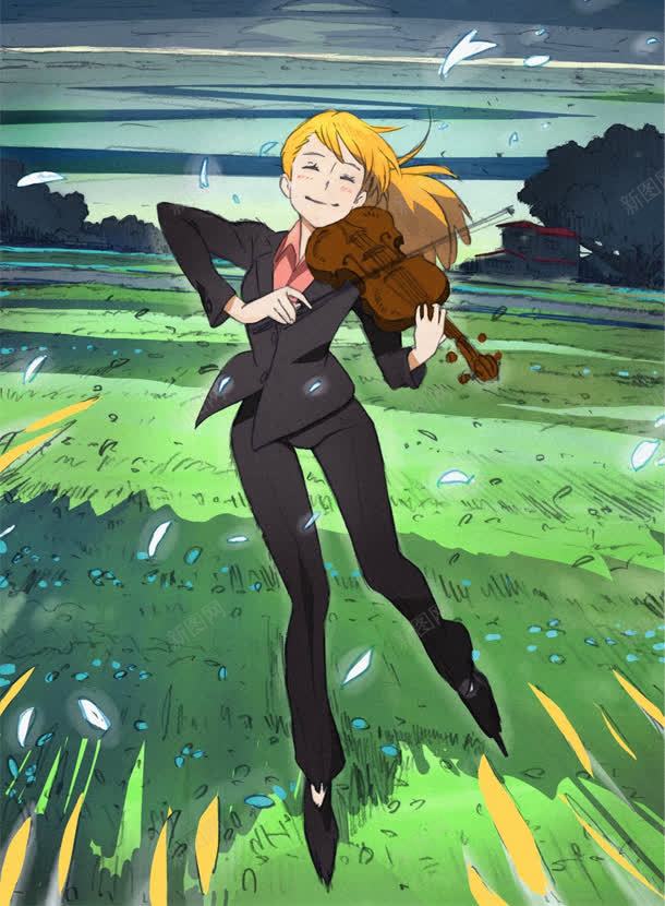拉小提琴的金发美女动漫插画jpg设计背景_新图网 https://ixintu.com 小提琴 插画 美女 金发