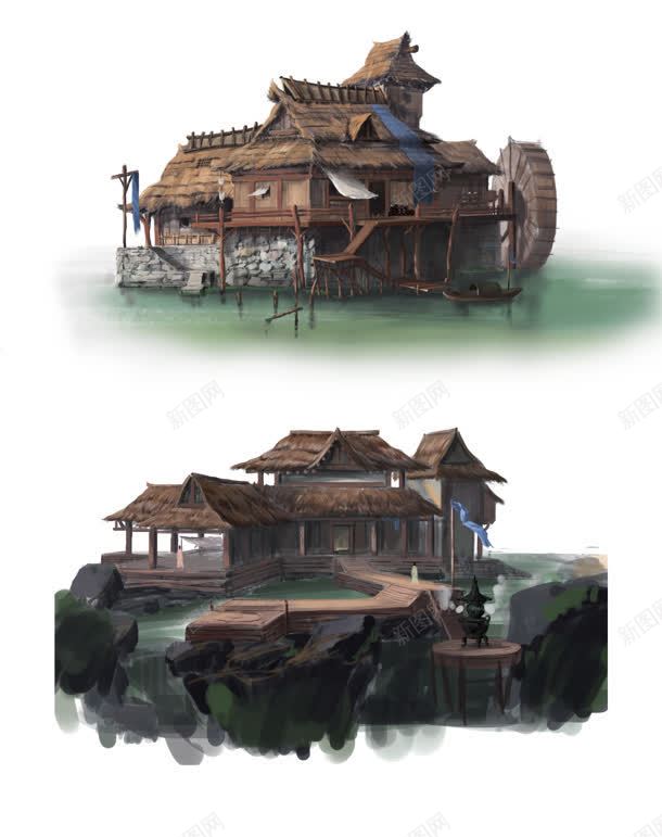 村庄水车民宅插画jpg设计背景_新图网 https://ixintu.com 插画 村庄 民宅 水车