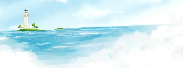插画背景jpg设计背景_新图网 https://ixintu.com 大海 海阔天空 清新 灯塔 蓝天白云