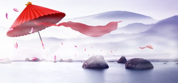 伞石头水背景bannerjpg设计背景_新图网 https://ixintu.com 伞石头水梦幻花瓣缥缈古典古代江湖