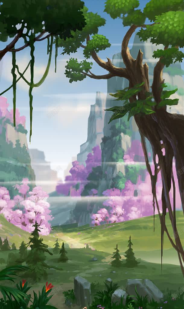 卡通游戏蓝天山峰粉花场景jpg设计背景_新图网 https://ixintu.com 卡通 场景 山峰 游戏 蓝天