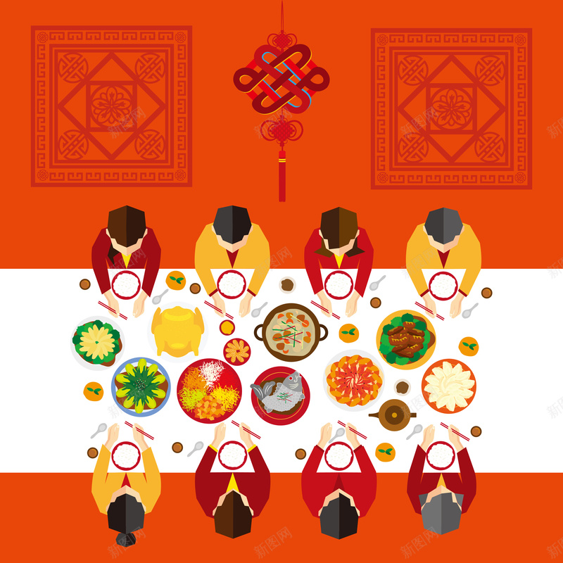 扁平色块风格年夜饭背景矢量图ai设计背景_新图网 https://ixintu.com 中国风 吃团年饭 团圆 团年饭 年夜饭 扁平 新年 新春年夜饭 矢量图 色块风格背景