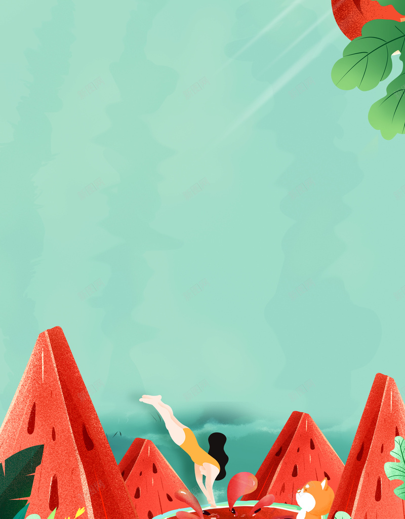 夏季西瓜汁创意背景图psd设计背景_新图网 https://ixintu.com 人物 创意手机壁纸 创意背景图 夏天 大暑 节气 藤蔓 西瓜 西瓜山 跳水
