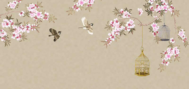 手绘中国风工笔花鸟背景墙装饰画背景