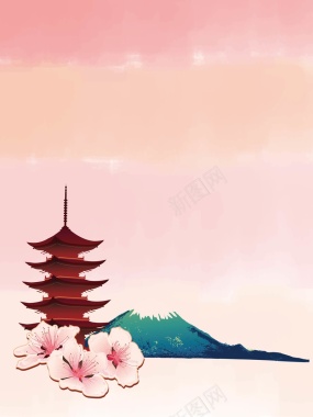 矢量水彩日系富士山樱花日本旅游背景背景