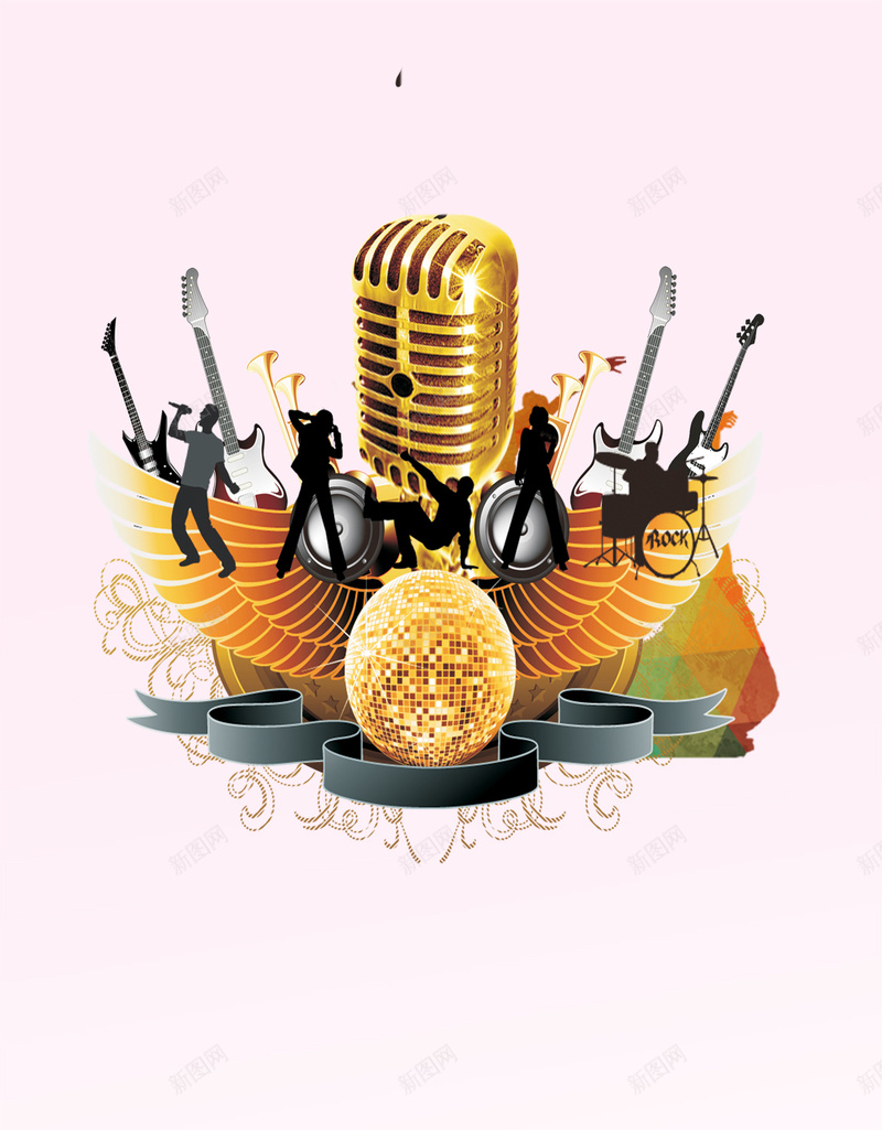 粉色背景上的音乐演奏H5背景psd设计背景_新图网 https://ixintu.com H5素材 PSD背景 吉他 激情 狂欢 粉色背景 话筒 音乐 麦克风