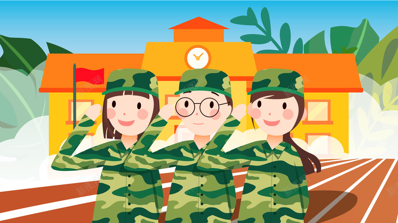 卡通人物开学军训矢量图ai设计背景_新图网 https://ixintu.com 军训图片 卡通人物 开学 校园 矢量图