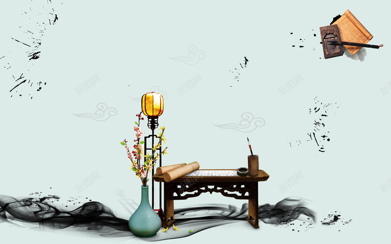 古风高考冲刺展板海报psd设计背景_新图网 https://ixintu.com 书桌 十年寒窗苦读 古书 复古 水墨喷溅效果 水墨晕染 砚台 笔墨 简约 花瓶 高考
