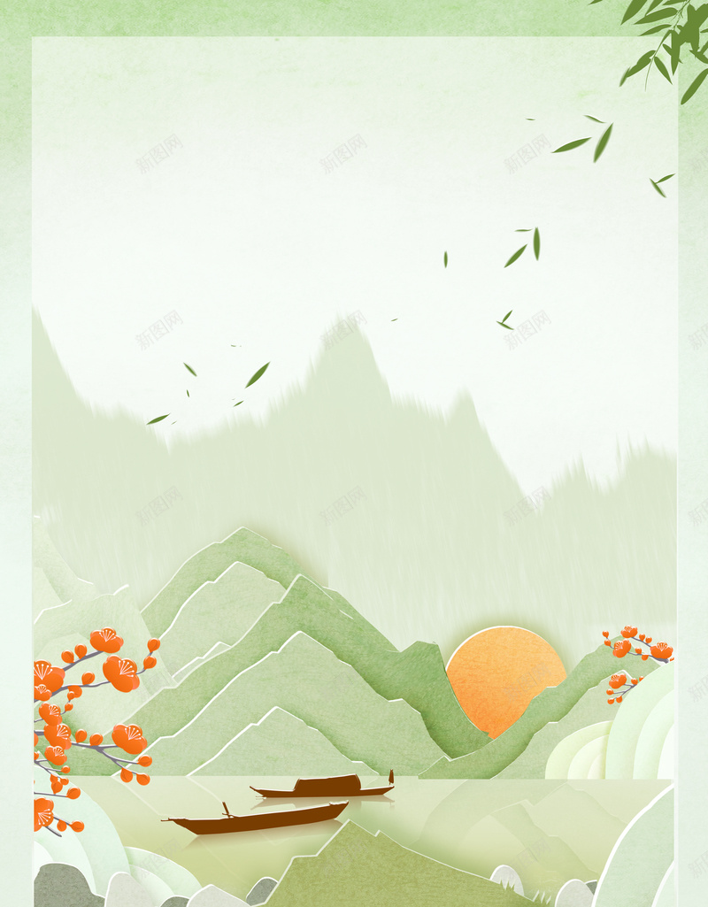 清明节剪影山区背景psd设计背景_新图网 https://ixintu.com 太阳 小舟 山地 山峰 梅花 清明节 湖泊 竹叶