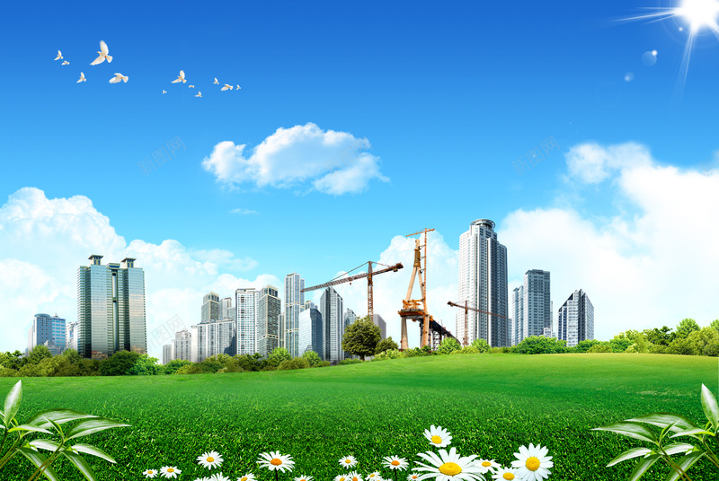 城市建筑自然风景海报背景psd设计背景_新图网 https://ixintu.com 城市建筑 城市建筑自然风景PSD素材图片下载 清新 环保城市 绿化环境 绿色草地 花草树木 蓝天白云