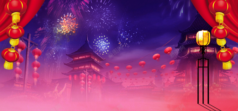 新年中式中国风传统彩色海报背景psd设计背景_新图网 https://ixintu.com 中国风 中式 传统 囤货 年货节 建筑物 彩色 新年 海报背景 渐变 灯笼 烟花 电商海报 街景