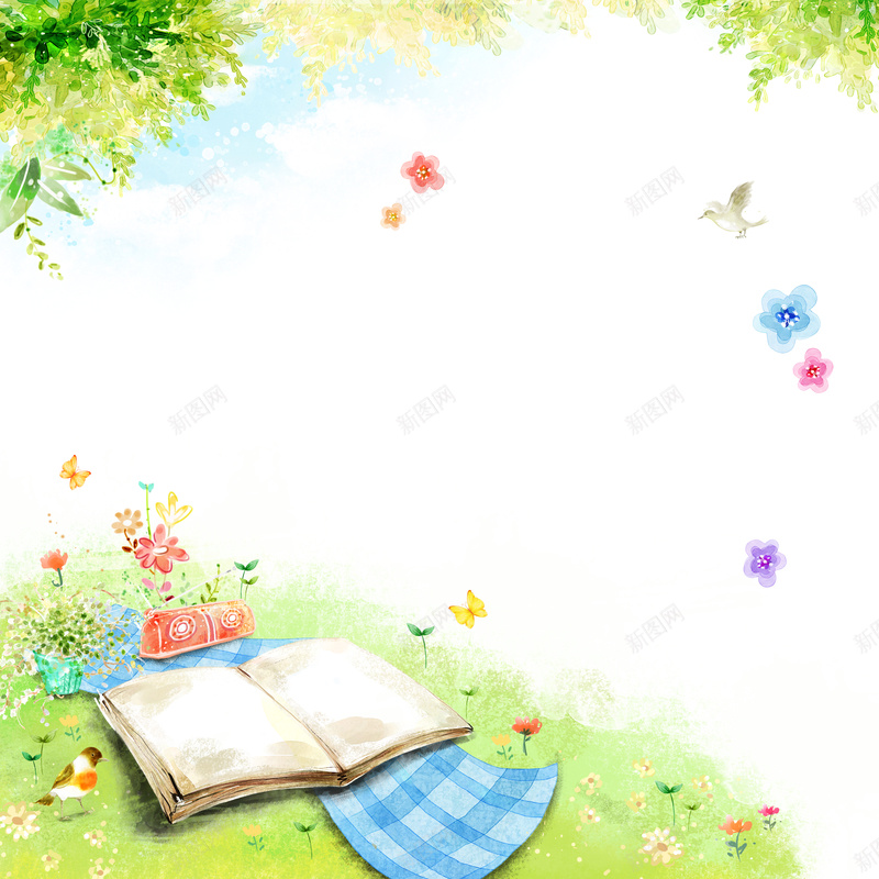 绿色手绘清新风景背景psd设计背景_新图网 https://ixintu.com 书本 卡通 手绘 树叶 树枝 水彩 童趣 绿色 花朵 花草 草地 蝴蝶 飞鸟