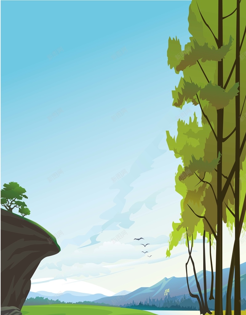 蓝天下的溪流和树木背景矢量图ai设计背景_新图网 https://ixintu.com 树木 海报 溪水 石头 背景 舒心 蓝天 风景 矢量图