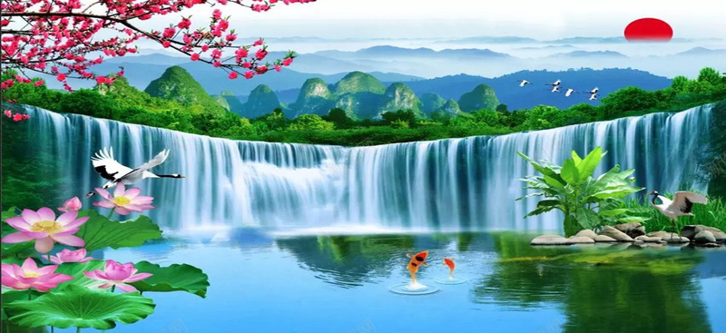 山水风景画jpg设计背景_新图网 https://ixintu.com 中国风 仙鹤 国画 山 山水画 树林 植物 海报banner 瀑布 石头 绿树 荷叶 荷花 落日 风景画 鱼