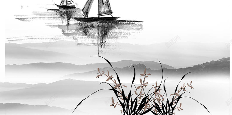中国风 传统 划船 古典 古典文化 古风设计 墨染 小船 山水 水墨画 风