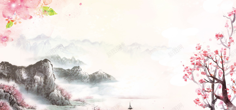 浪漫桃花节海报背景psd设计背景_新图网 https://ixintu.com 中国风 山水画 手绘 文艺 春天 春季 桃花 梦幻 水墨画 水彩绘 海报图片 淡雅