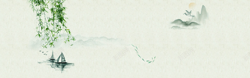 古风古韵风景bannerjpg设计背景_新图网 https://ixintu.com 中国风 山水 海报banner 竹子 绿色 船 鸟