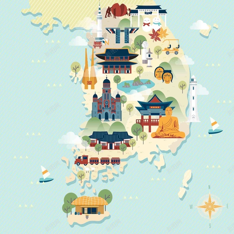 手绘矢量旅游韩国江原道景点地图海报背景ai设计背景_新图网 https://ixintu.com 地图 手绘 旅游 旅游韩国 景点 景福宫 济州岛 海报 矢量 背景 青瓦台 韩国 韩国景点 矢量图