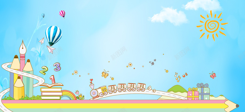 卡通扁平蓝色banner背景psd设计背景_新图网 https://ixintu.com 卡通 太阳 幼儿园 广告 手绘 新图网 气球 热气球 白云 简约 素材 背景 蓝天 设计 铅笔 阳光