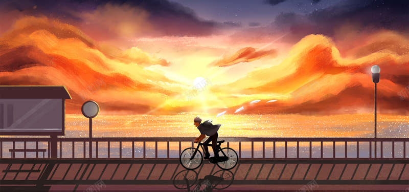 夕阳下的单车少年插画psd设计背景_新图网 https://ixintu.com 唯美单车 唯美插图壁纸学生时代 少年 暖色调 朝气 桌面海边 背景插画 青春