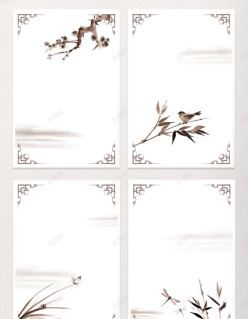 矢量古典中国风水墨花草背景ai设计背景_新图网 https://ixintu.com 中国画 中国风 兰草 古风 复古 山水 手绘 枝条 梅花 水墨 竹子 花草 蜻蜓 蝴蝶 远山 麻雀 矢量图
