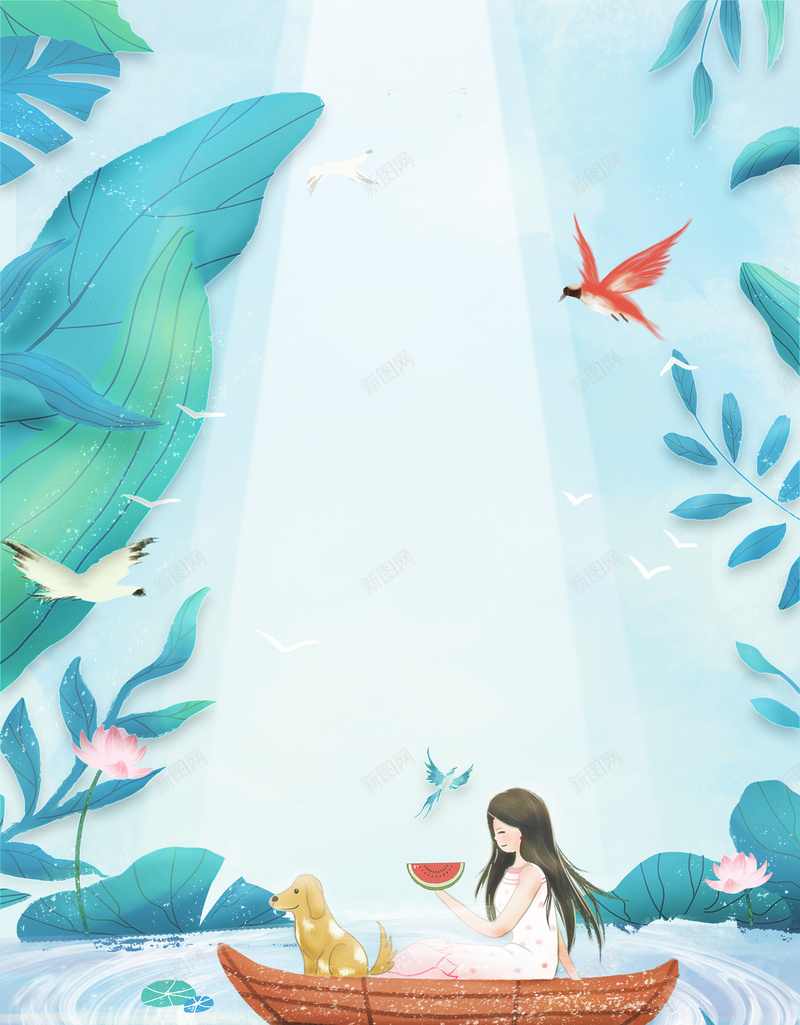 夏季小清新泛舟背景图psd设计背景_新图网 https://ixintu.com 卡通人物 夏季 手绘植物 泛舟 背景图 鸟类