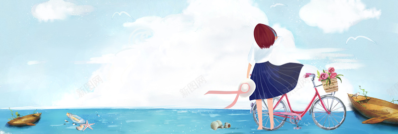 蓝色文艺小清新单车手绘少女海边国庆节psd设计背景_新图网 https://ixintu.com banner 出游季 国庆节 女孩 文艺 旅游 旅行 毕业旅行 海报 海边 淘宝 电商 蓝色 青春