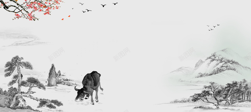 清明节中国风文艺复古灰bannerpsd设计背景_新图网 https://ixintu.com 中国风 传统节日 国画牛 墨水 大山 广告 新图网 梅花 水墨 清明 清明节 牛 素材 背景 设计